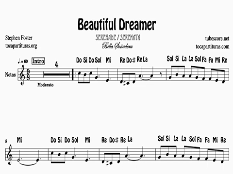 Imagen de Beautiful dreamer partitura fácil con notas de flautas violín oboe piano