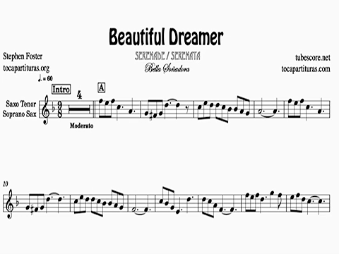 Imagen de Beautiful dreamer partitura karaoke de saxo tenor y soprano sax