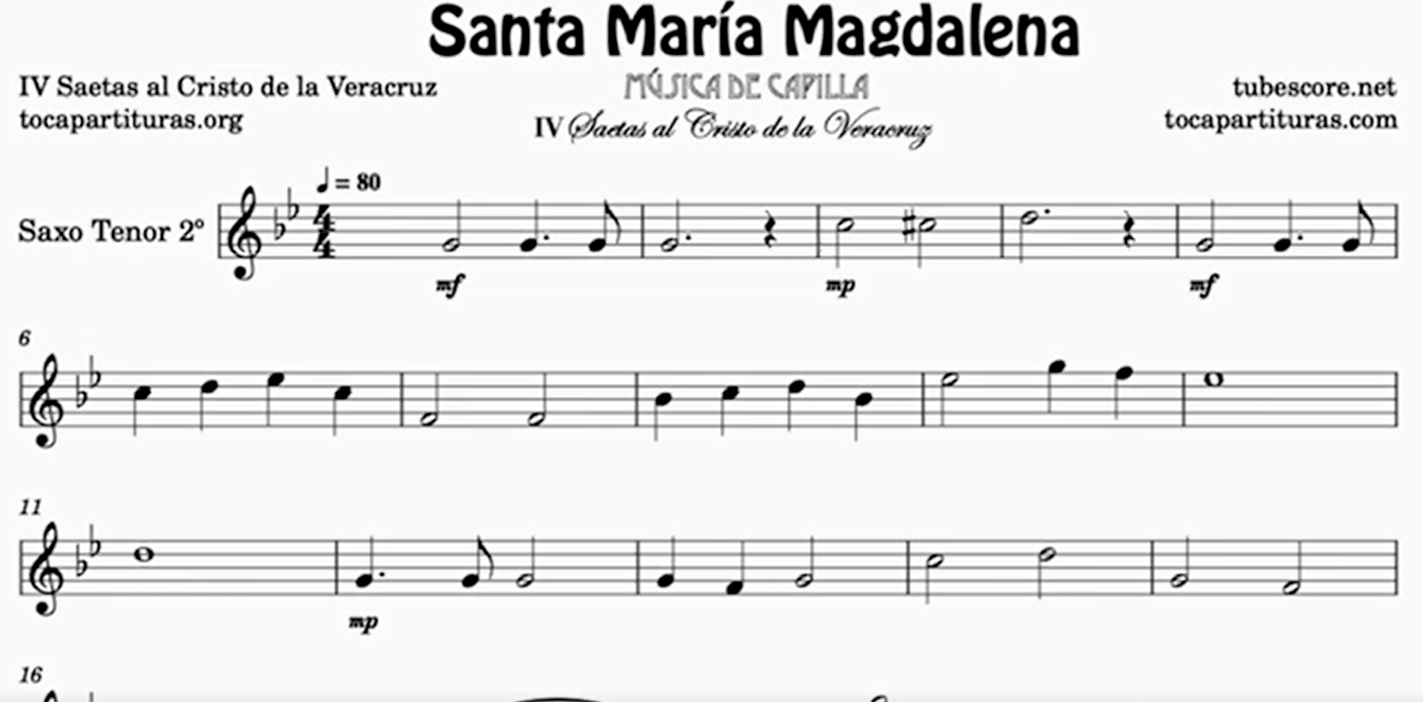 Imagen de Santa maría magdalena partitura de saxofón tenor 2º para cuarteto de saxofones san andrés